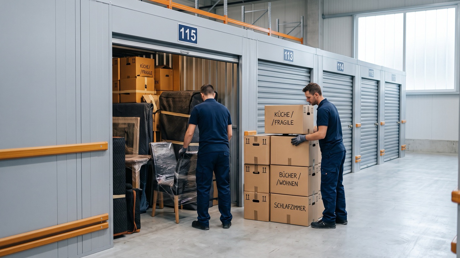 Rangée de box de stockage numérotés ; un box ouvert contient des meubles emballés et des cartons étiquetés.