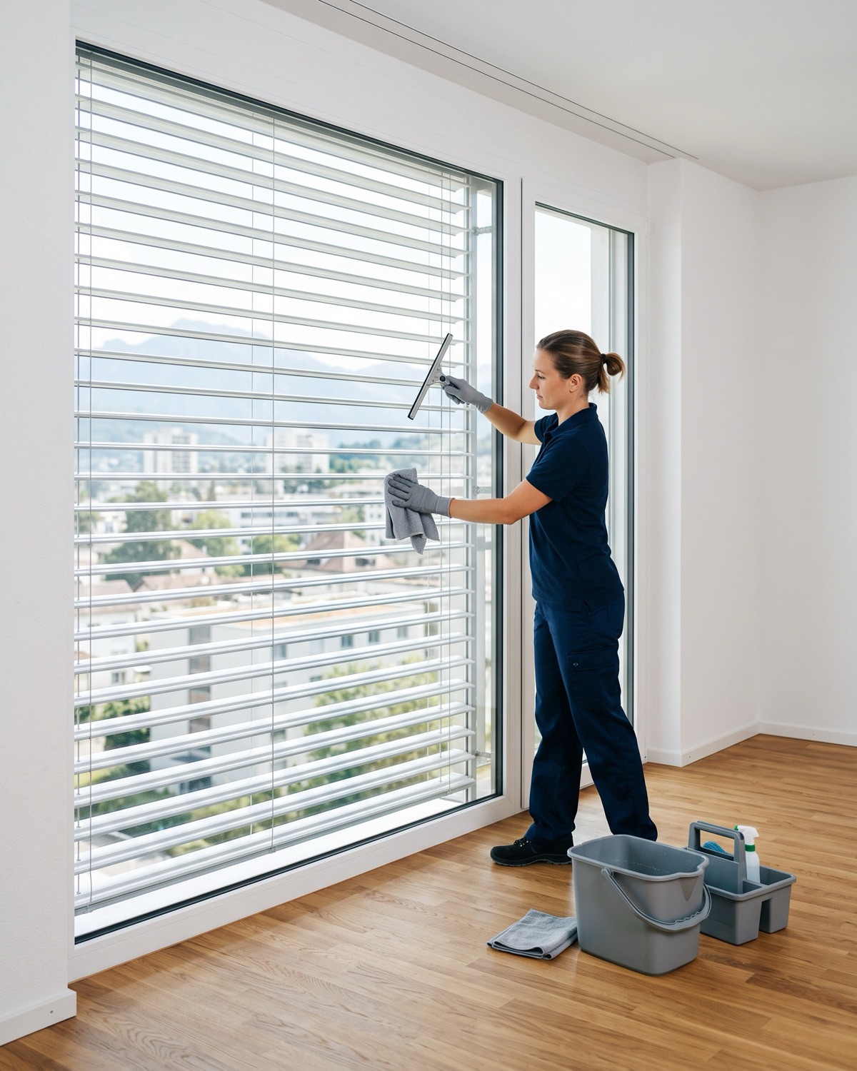 Eine Reinigungsfachfrau reinigt ein grosses Fenster und die Lamellen der Aussenstoren einer leeren Wohnung.
