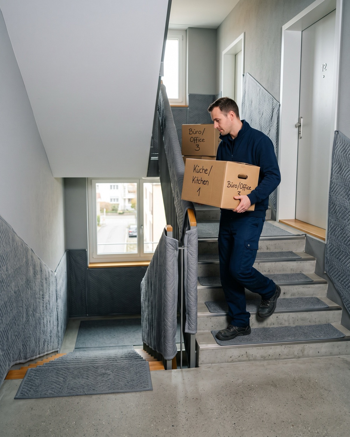 Ein Zügelmann trägt beschriftete Kartons durch das Treppenhaus eines Wohnhauses, Wände und Geländer geschützt.